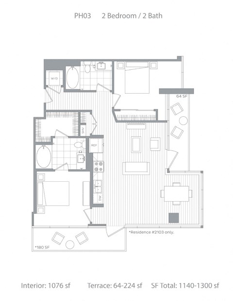 Floor plan for 2 beds, 2 baths, 1220 sqft
